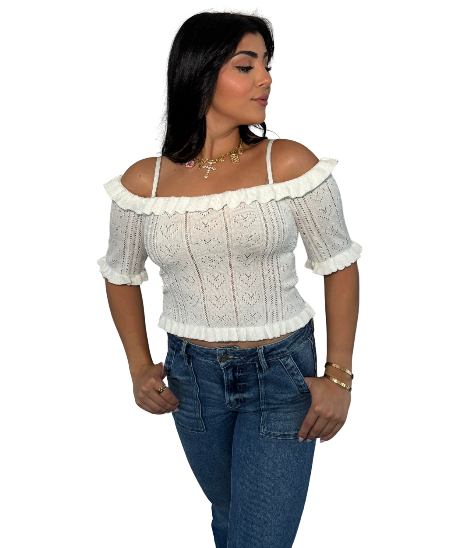 Knit Pointelle Heart Cold Shoulder Top