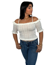 Knit Pointelle Heart Cold Shoulder Top