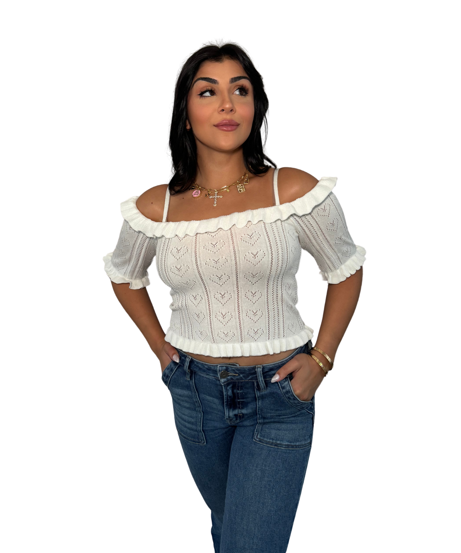 Knit Pointelle Heart Cold Shoulder Top