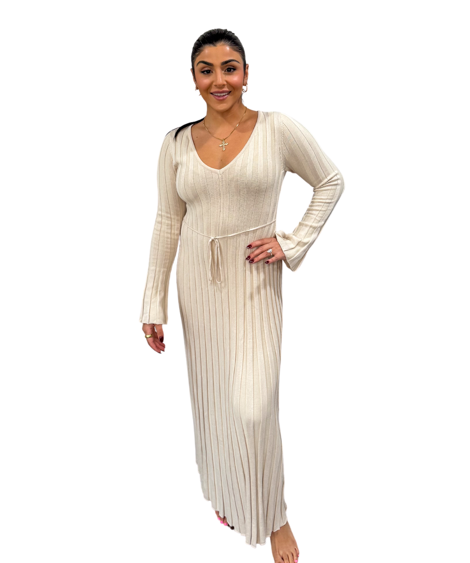 Taupe/White Ribbed Maxi Dress