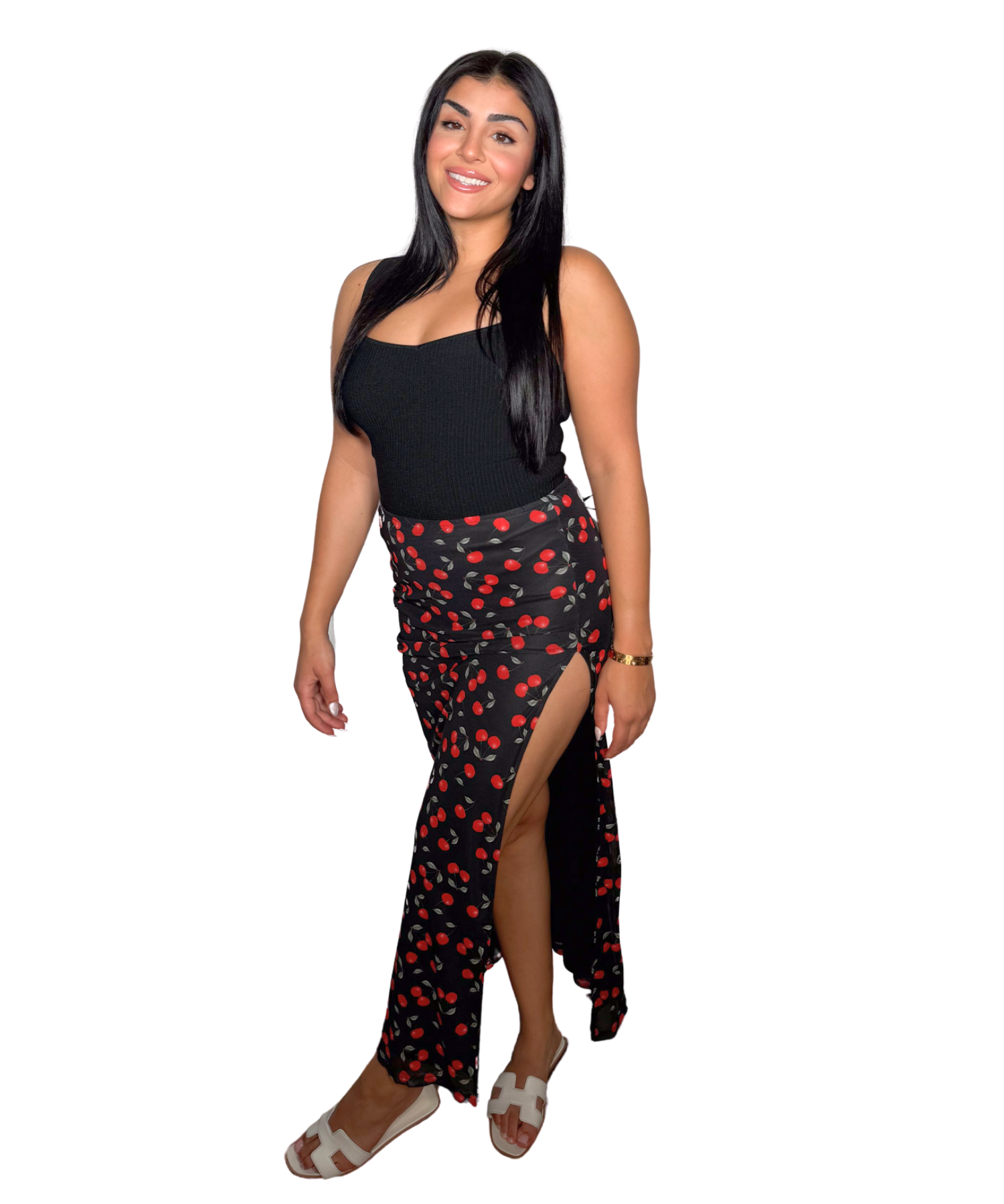 Cherry Mesh Slit Long Skirt