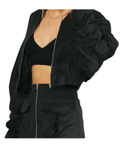 Black Cropped Cargo Bomber Jacket