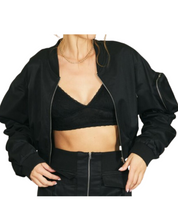 Black Cropped Cargo Bomber Jacket