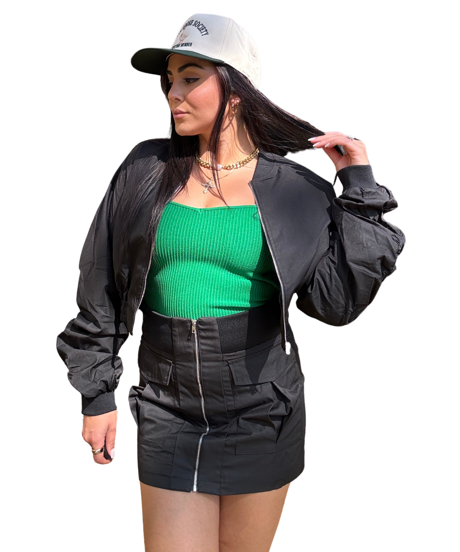 Black Cropped Cargo Bomber Jacket